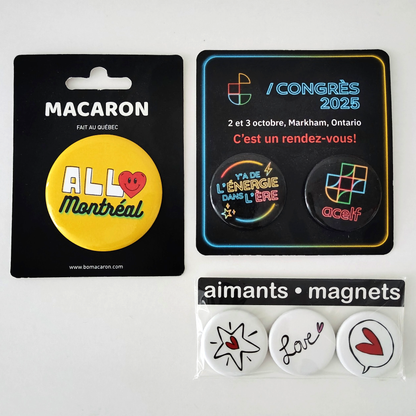 paquets personnalisés macarons badges custom packaging magnets buttons pins
