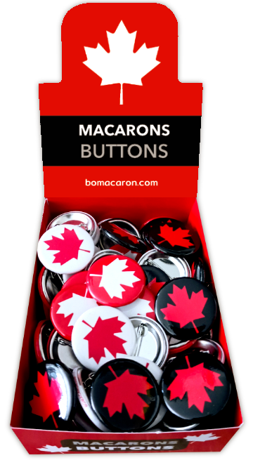 Macarons badges pins canada custom buttons maple leaf feuille érable épinglette