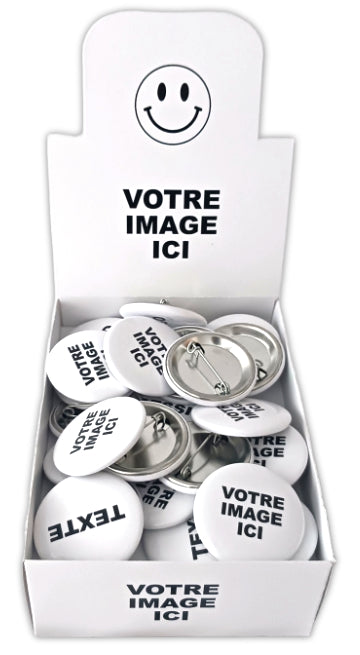 Boite de macarons personnalsisés Badge épinglette votre image logo message photo dessin imprimé au Québec